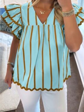 Striped V-Neck Flutter Sleeve Blouse in Light Blue and Brown